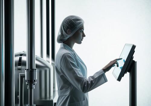 Female scientist in lab coat operating touchscreen in modern cleanroom photo