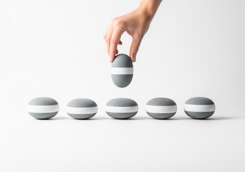 Hand placing minimalist grey oval object with white band in a row photo