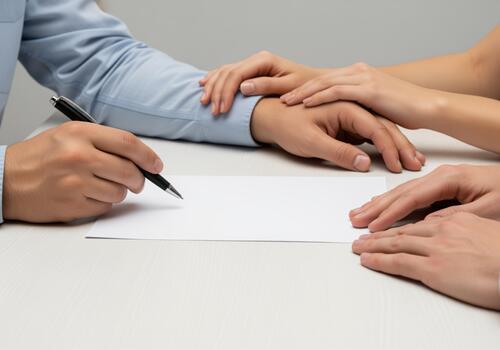 Man preparing to sign a blank document with supportive hands on table photo