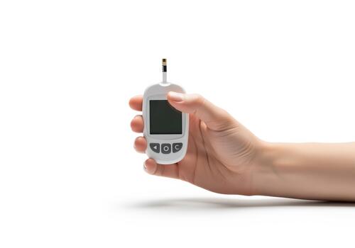 Hand holding a modern glucose meter and test strip for daily blood sugar testing photo