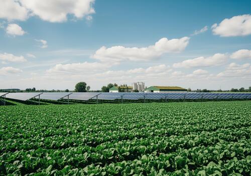 Green organic crop field with solar panel array for renewable energy production photo