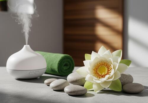 bienestar preparar con esencial petróleo difusor, blanco loto, y spa piedras foto