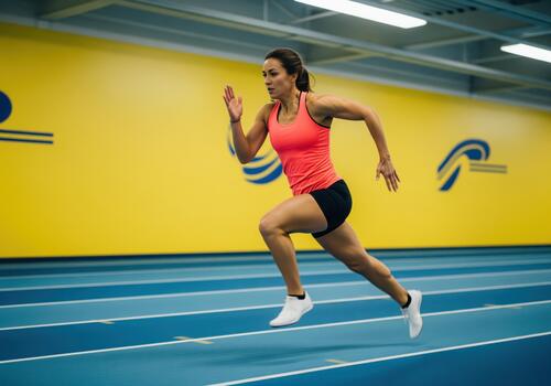 Dynamic female athlete sprinting on an indoor track during a training session photo