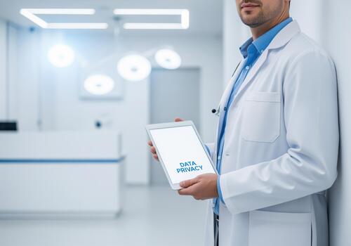Healthcare professional holding tablet displaying data privacy information photo