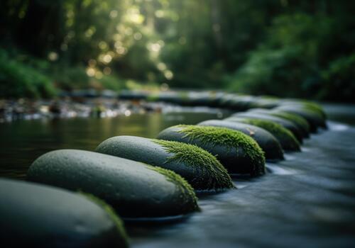 Mossy river stepping stones forming a tranquil path through a serene forest stream photo