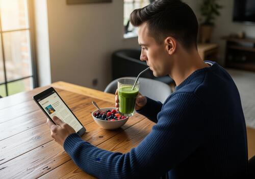 joven hombre disfrutando un sano verde zalamero y bayas mientras leyendo en un tableta foto