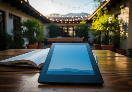 E reader and open book on rustic wooden table in outdoor cafe photo