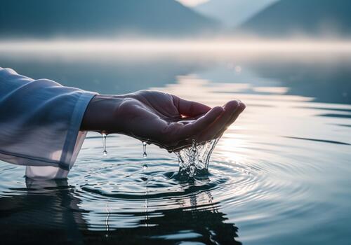 Hand scooping pure water from a tranquil lake, with water droplets and ripples. photo