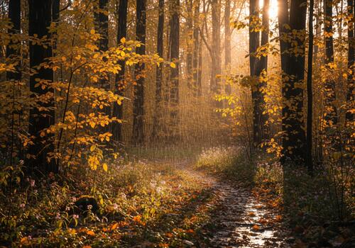 Tranquil autumn forest path bathed in warm golden sunlight through trees photo