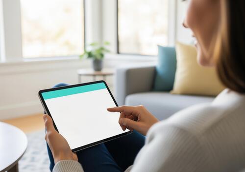 Smiling woman interacting with a digital tablet featuring a blank screen photo