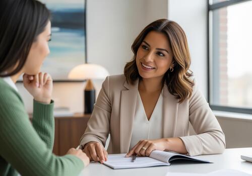 Smiling latina professional explaining business details to a client photo