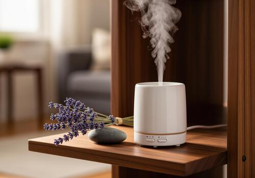 aromaterapia difusor con lavanda ramo de flores y creciente vapor para relajación foto