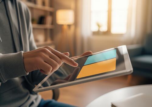 User engaging with a portable digital tablet showing a vibrant interface photo
