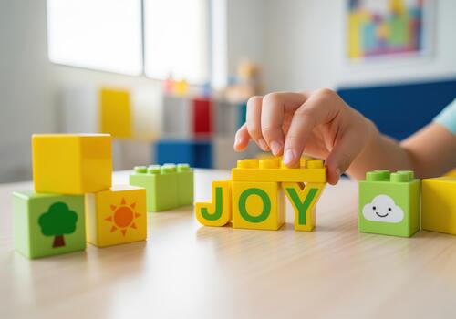 Child hand building JOY with colorful toy blocks on wooden table for play and learning photo
