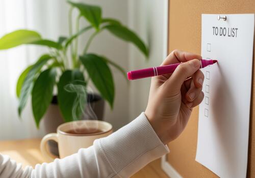 Person hand checking off a task on a to do list with a pink marker photo