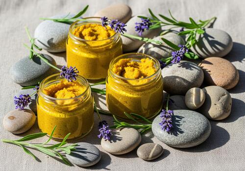 Homemade turmeric skincare paste jars with lavender and smooth pebbles photo
