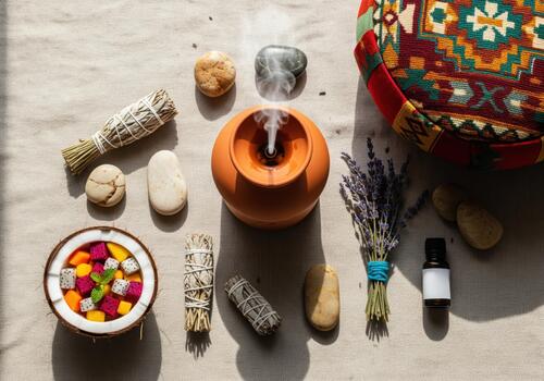 bohemio yo cuidado plano laico con difusor, sabio, lavanda, y Fruta foto