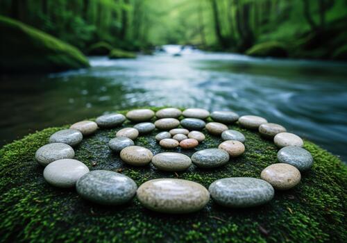 Tranquil spiral of smooth stones on moss by a flowing river in nature photo