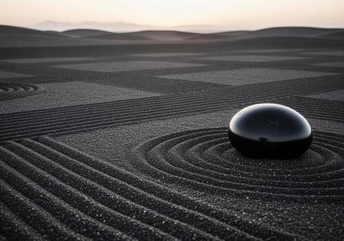 Smooth black stone resting in a meticulously raked zen garden with patterned sand photo