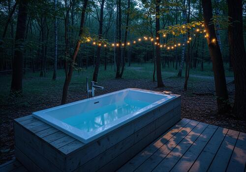 Outdoor bathtub in enchanting forest with string lights at dusk photo