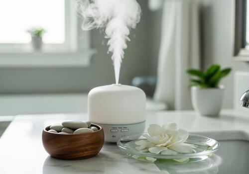 esencial petróleo difusor emitiendo fragante niebla para relajación y bienestar foto