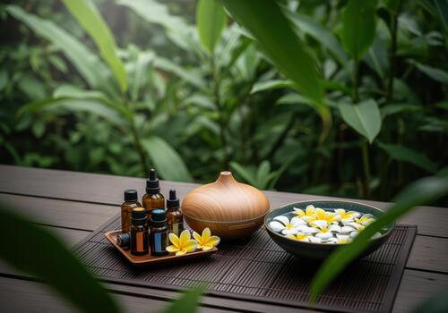 sereno spa arreglo con esencial aceites, difusor, y frangipani flores foto