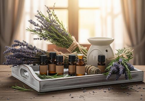 aromaterapia monitor con lavanda, esencial aceites, y un cerámico difusor foto