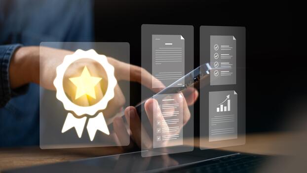 A business concept showing digital quality assurance and certification through mobile technology, emphasizing compliance, document validation, performance improvement for organizational excellence. photo