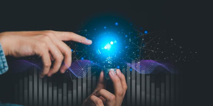 Creativity and innovation concept symbolizing technology intelligence, futuristic thinking, digital transformation that inspire smart ideas, development, and progress in modern business and science. photo