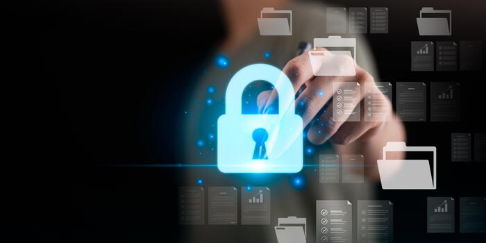 A glowing digital padlock icon with data folders and documents in the background represents cybersecurity, data protection, and secure information access in modern digital technology. photo