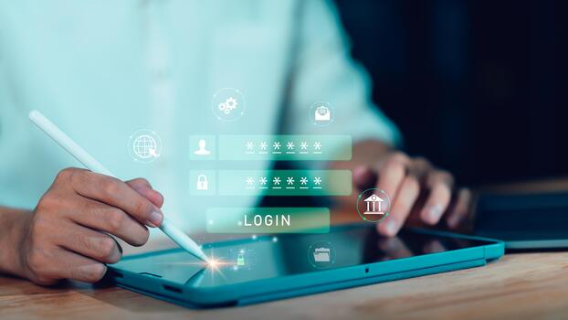 A businessman using a digital tablet with a virtual login screen, representing cybersecurity, password protection, online authentication, and secure access system in modern technology. photo