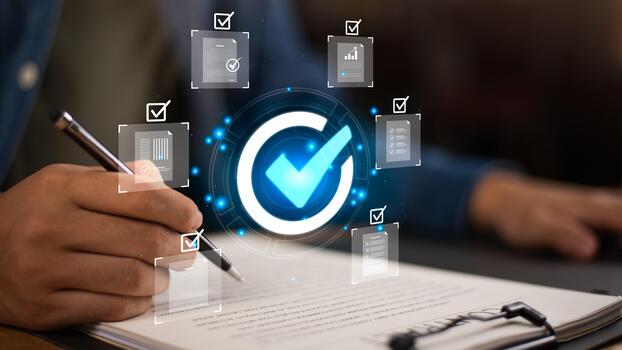 A business concept showing digital document approval and quality assurance with check marks, symbolizing verification, compliance, and efficient performance evaluation for corporate management. photo
