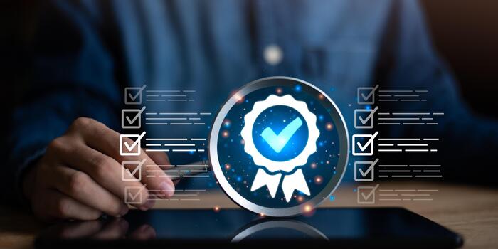 A business concept image illustrating digital quality assurance and certification with a checklist and approval mark, symbolizing performance evaluation, compliance, and management excellence. photo