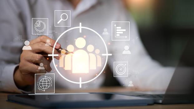 professional analyzes customer data through digital targeting interface, highlighting audience segmentation, marketing analytics, strategic insight improved customer engagement ,business performance. photo