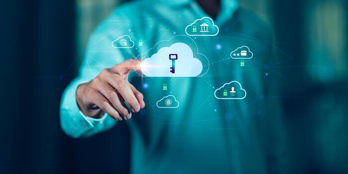 A businessman touching a virtual cloud with a key icon, symbolizing cybersecurity, cloud data protection, privacy encryption, and secure network access in modern digital technology systems. photo