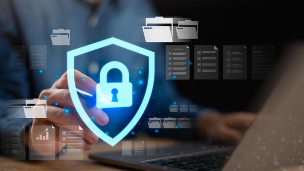 A glowing padlock shield icon symbolizes cybersecurity, data protection, and digital privacy. The futuristic interface and online document folders represent secure access, encrypted information photo