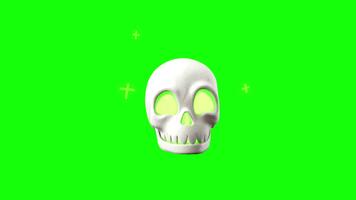 Skull head 3d rendering animation with glowing neon green eyes and crosses on Green background. video