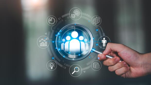 magnifying glass highlights digital customer group icon surrounded by data analytics, targeting symbols, business insights, emphasizing customer analysis, segmentation, strategic marketing decisions photo