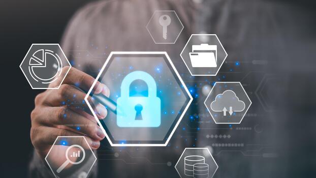 A glowing digital padlock icon surrounded by cloud, data, and key symbols represents cybersecurity, cloud storage protection, and secure information management in modern technology systems. photo