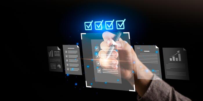 conceptual illustration of quality assurance, digital workflow verification, standardized approval processes, compliance management, structured evaluation designed to improve operational accuracy photo