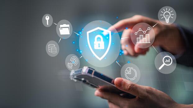 A smartphone user interacts with a digital security interface featuring icons of data protection, analytics, cloud storage, and secure access, emphasizing mobile cybersecurity, privacy protection photo