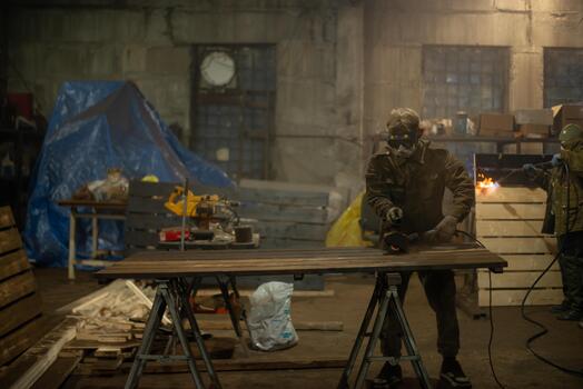 Factory contrasting lighting of a working workshop. Beautiful gloomy photo of a factory worker in a mask and uniform standing at a table operating a grinding machine. High quality photo