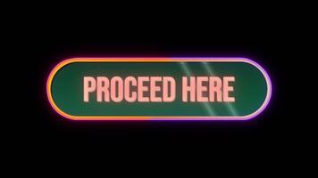 Fortsätt här, knapp klick animering med dator mus markören och lyx neon glöd färgrik gräns på svart bakgrund video