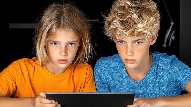Focused Siblings Using Digital Tablet, Dark Background photo