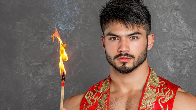 Intense Man Holds Fire Torch in Studio with Dramatic Lighting Red and photo
