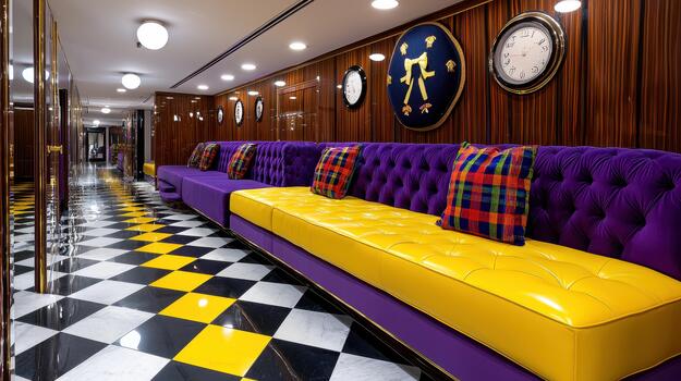 Luxurious Waiting Area with Purple and Yellow Sofas and Checkered photo