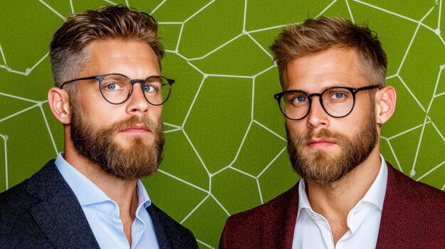 Identical Twin Brothers in Suits, Serious Expressions Against Olive photo