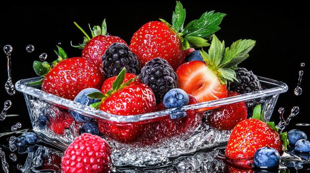 Fresh Berries in Clear Container Water Splash Black Background photo