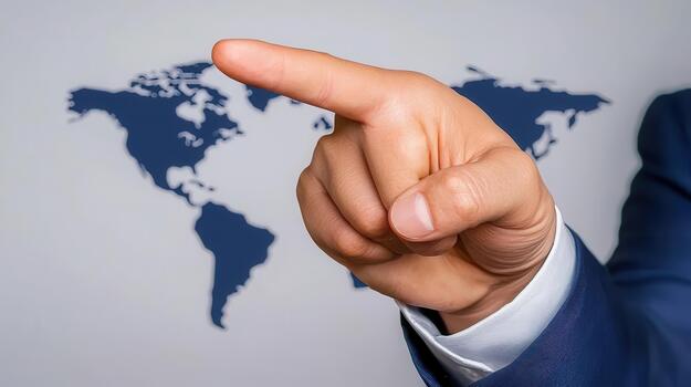 Hand Pointing at World Map Global Business Concept photo