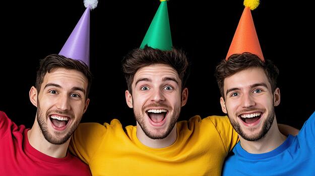 Joyful Group Portrait Three Smiling Men in Colorful Party Hats photo